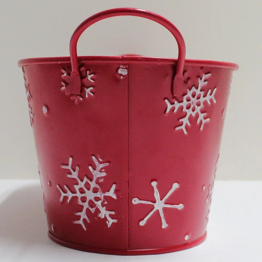 Metal Red White & Black Winter Christmas Basket Tin with Handles by Celebrate It
